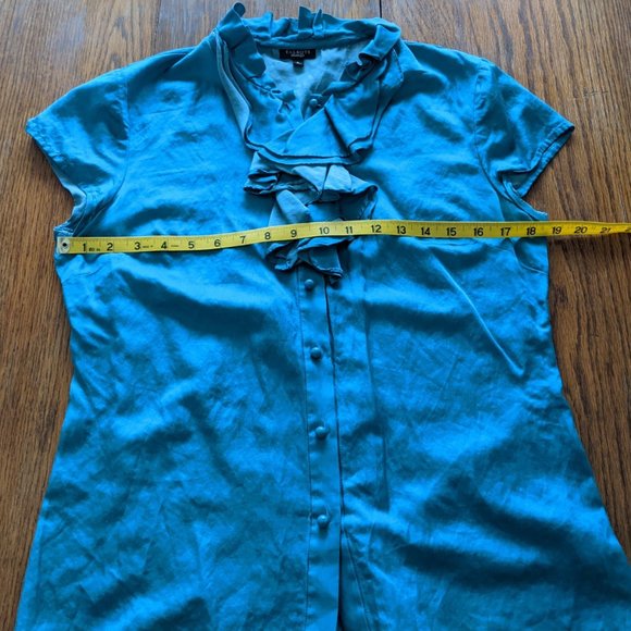 Talbots Teal Ruffle Neck Cotton/Silk Blouse - Sz 8 - Picture 9 of 12
